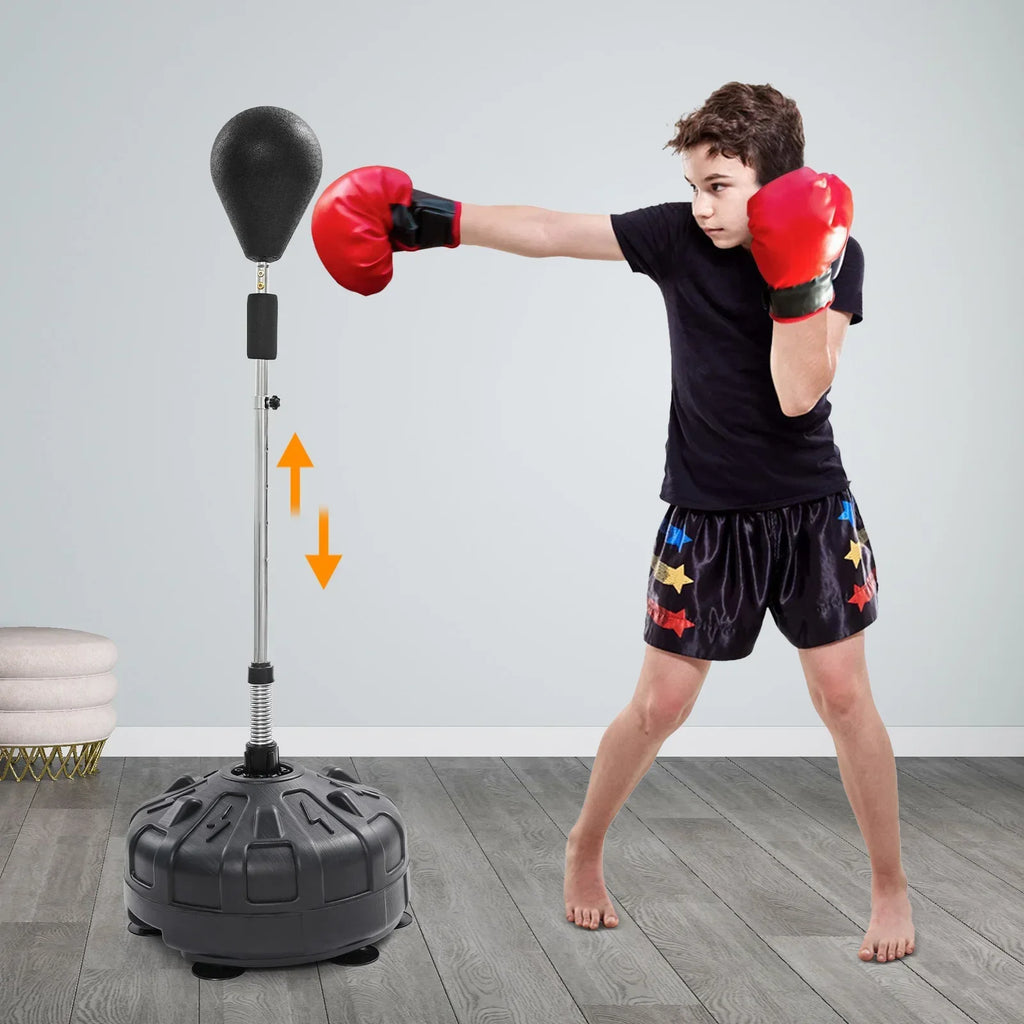 Free-standing adjustable punching bag with rebound spring