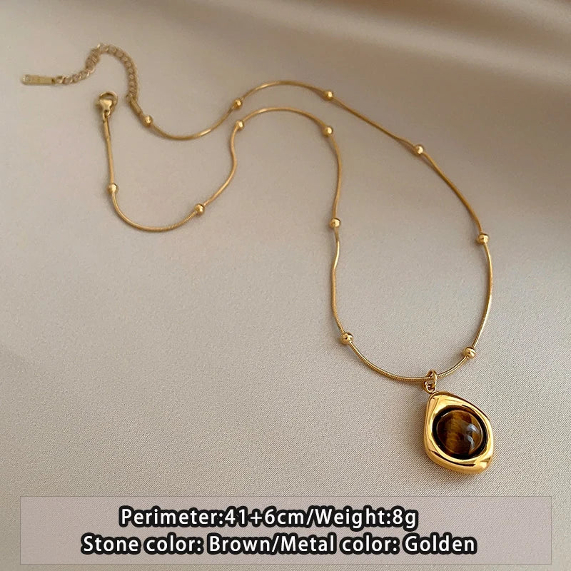Retro Layered Tiger Eye Stone Pendant Necklace