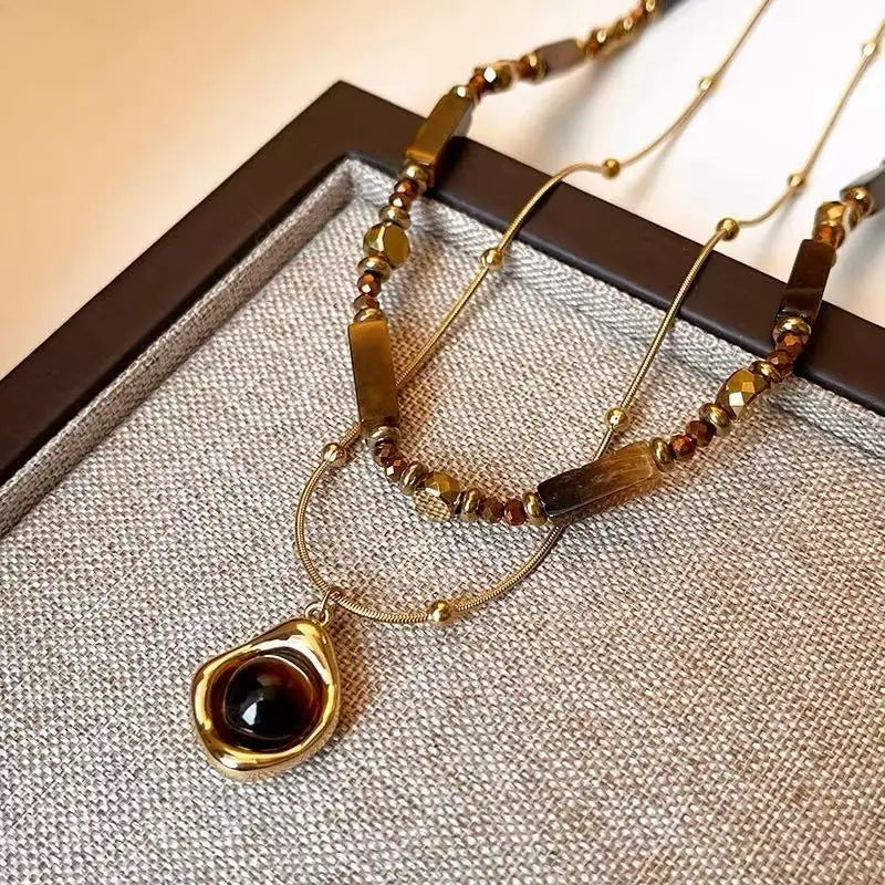 Retro Layered Tiger Eye Stone Pendant Necklace