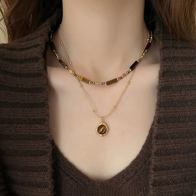 Retro Layered Tiger Eye Stone Pendant Necklace