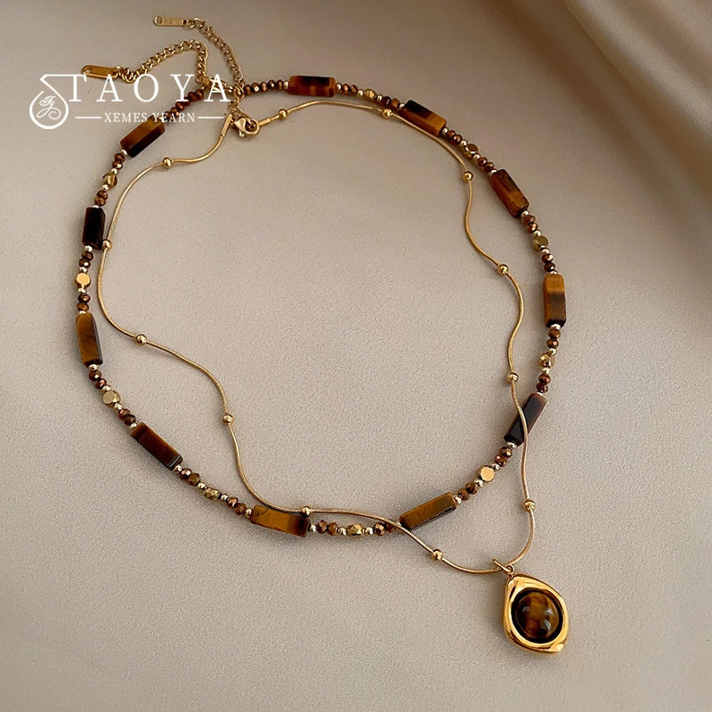Retro Layered Tiger Eye Stone Pendant Necklace
