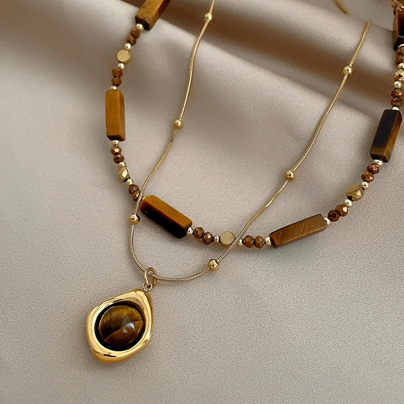 Retro Layered Tiger Eye Stone Pendant Necklace