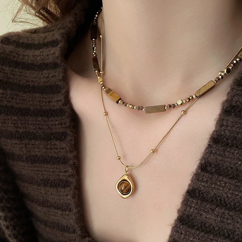 Retro Layered Tiger Eye Stone Pendant Necklace