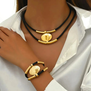 Vintage Oval Metal Necklace &amp; Bracelet 2Pc Set