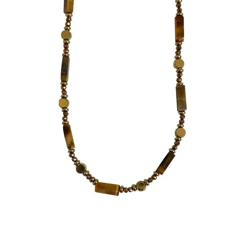 Retro Layered Tiger Eye Stone Pendant Necklace